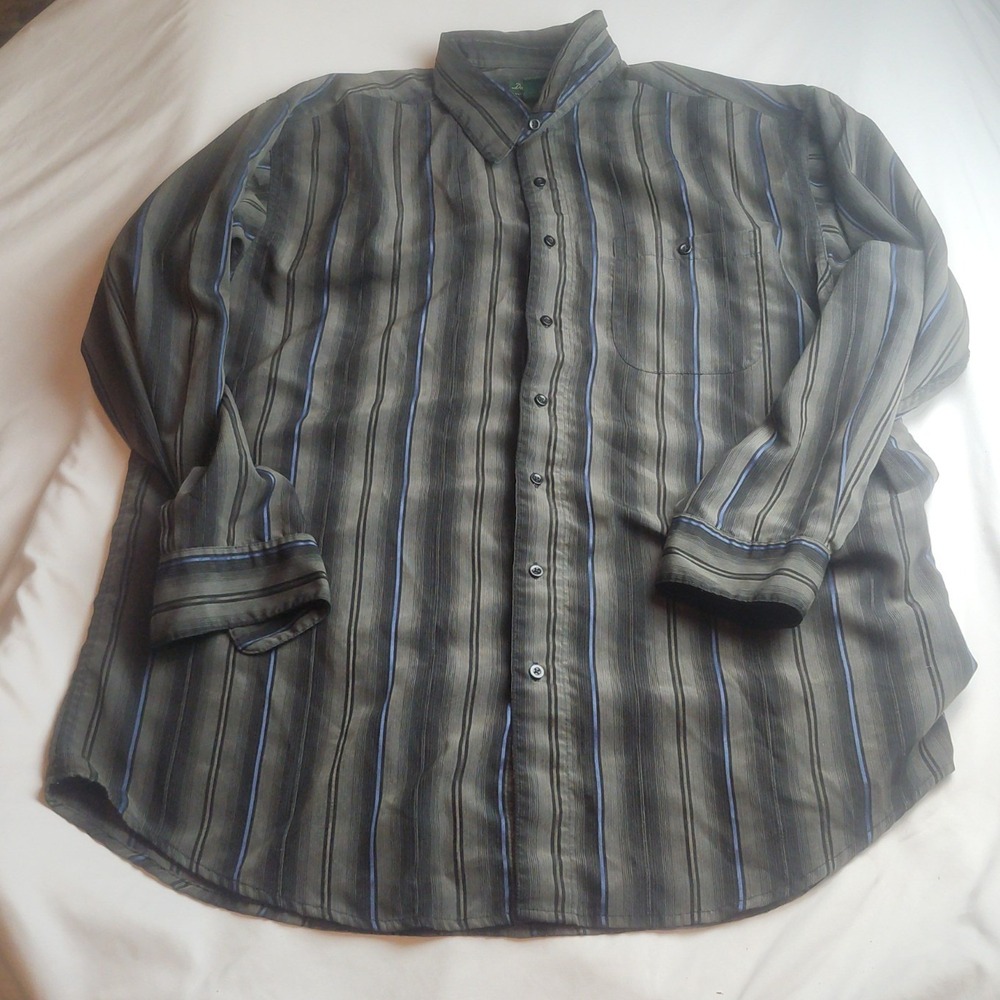 David Taylor Luxury Microfiber Button-Down Shirt Gray Blue Stripe XLT